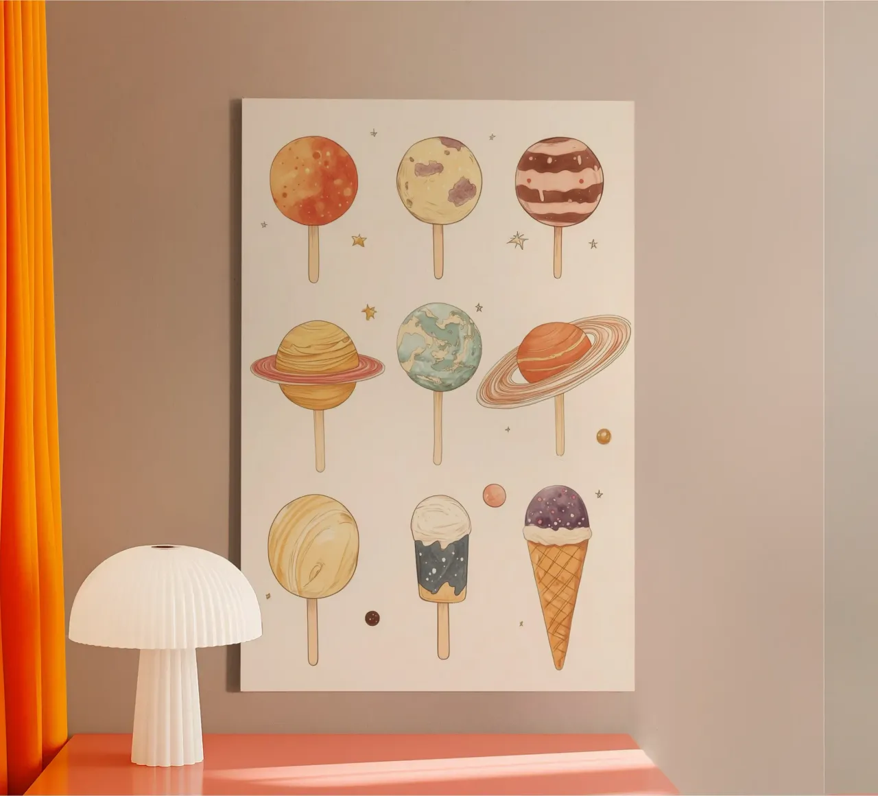 Planet-Themed Ice Cream and Lollipops canvas with Floater frame by Melloi Art Print