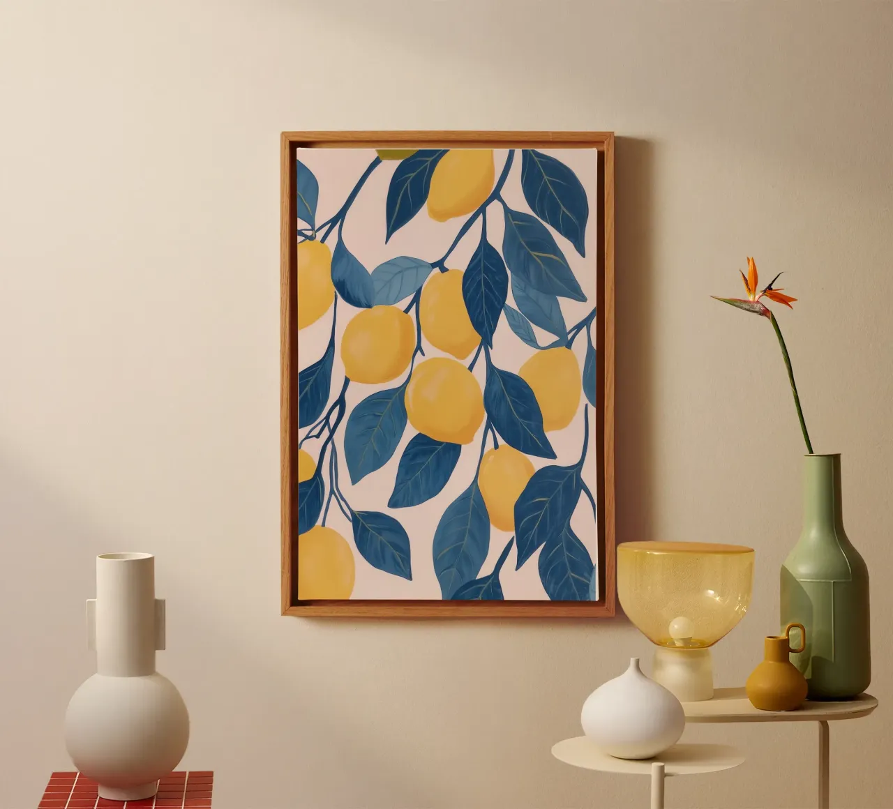 Rami di limone con foglie blu tela con Cornice a cassetta da Melloi Art Print