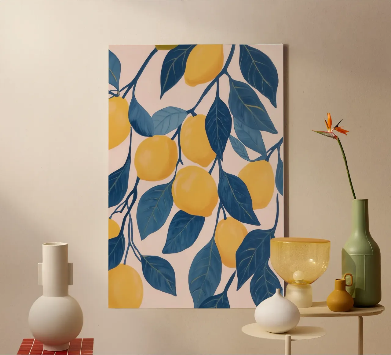 Rami di limone con foglie blu tela con Cornice a cassetta da Melloi Art Print