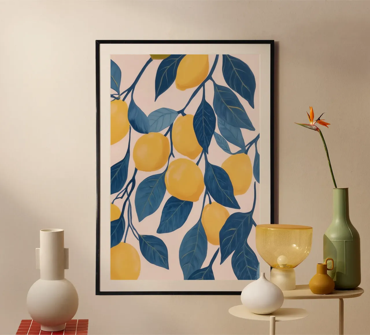 Rami di limone con foglie blu poster con telaio in alluminio da Melloi Art Print