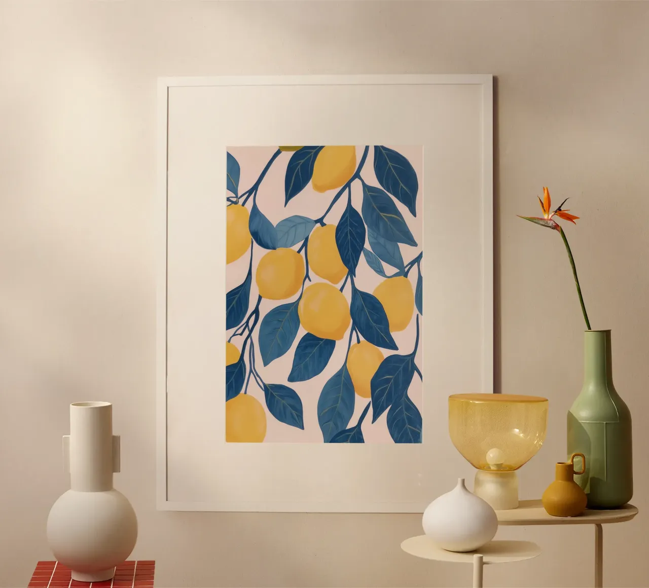Rami di limone con foglie blu poster con telaio in alluminio da Melloi Art Print