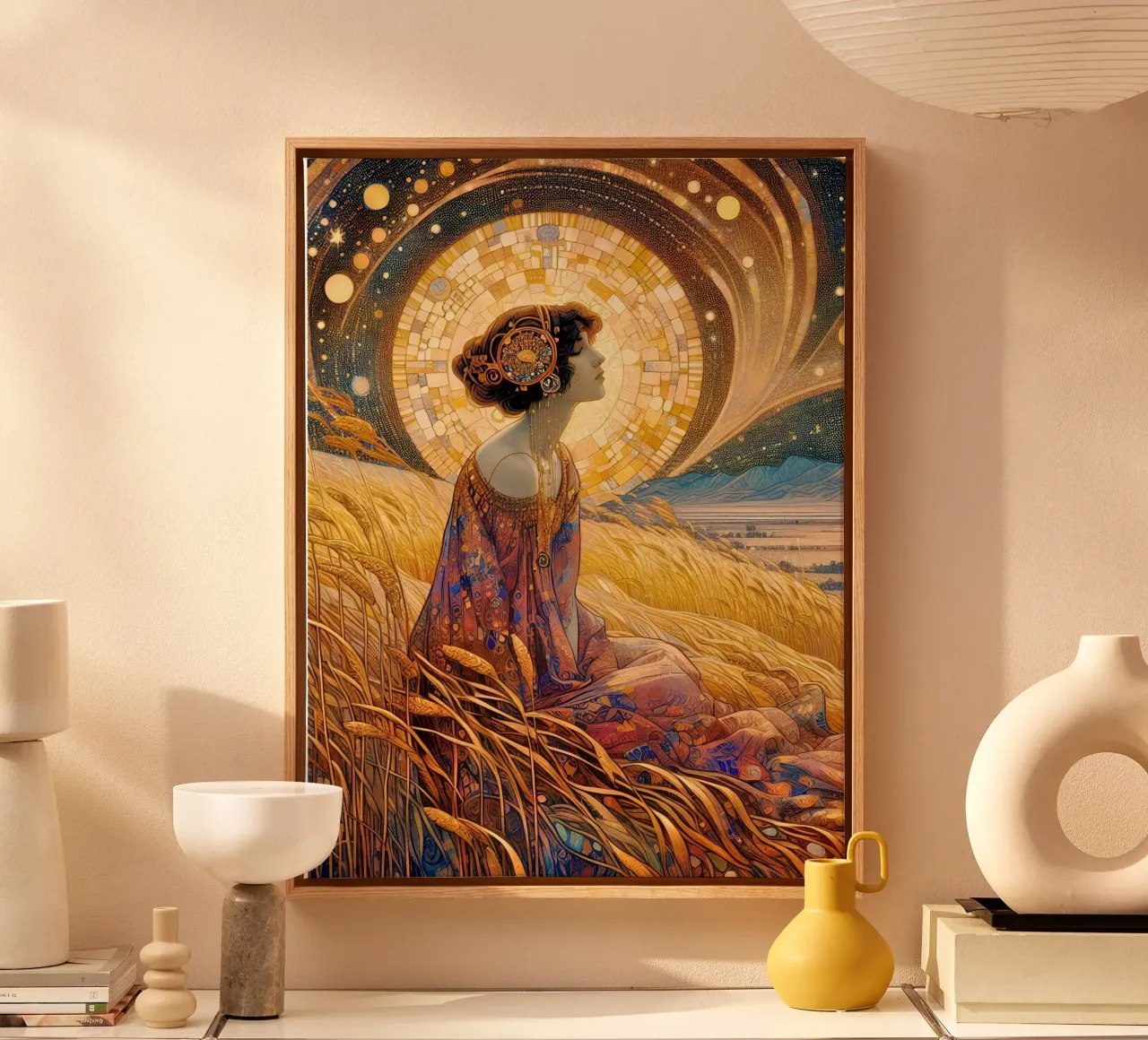 Wheat field at full moon canvas with Floater frame by Art-Nouveau-Dsg