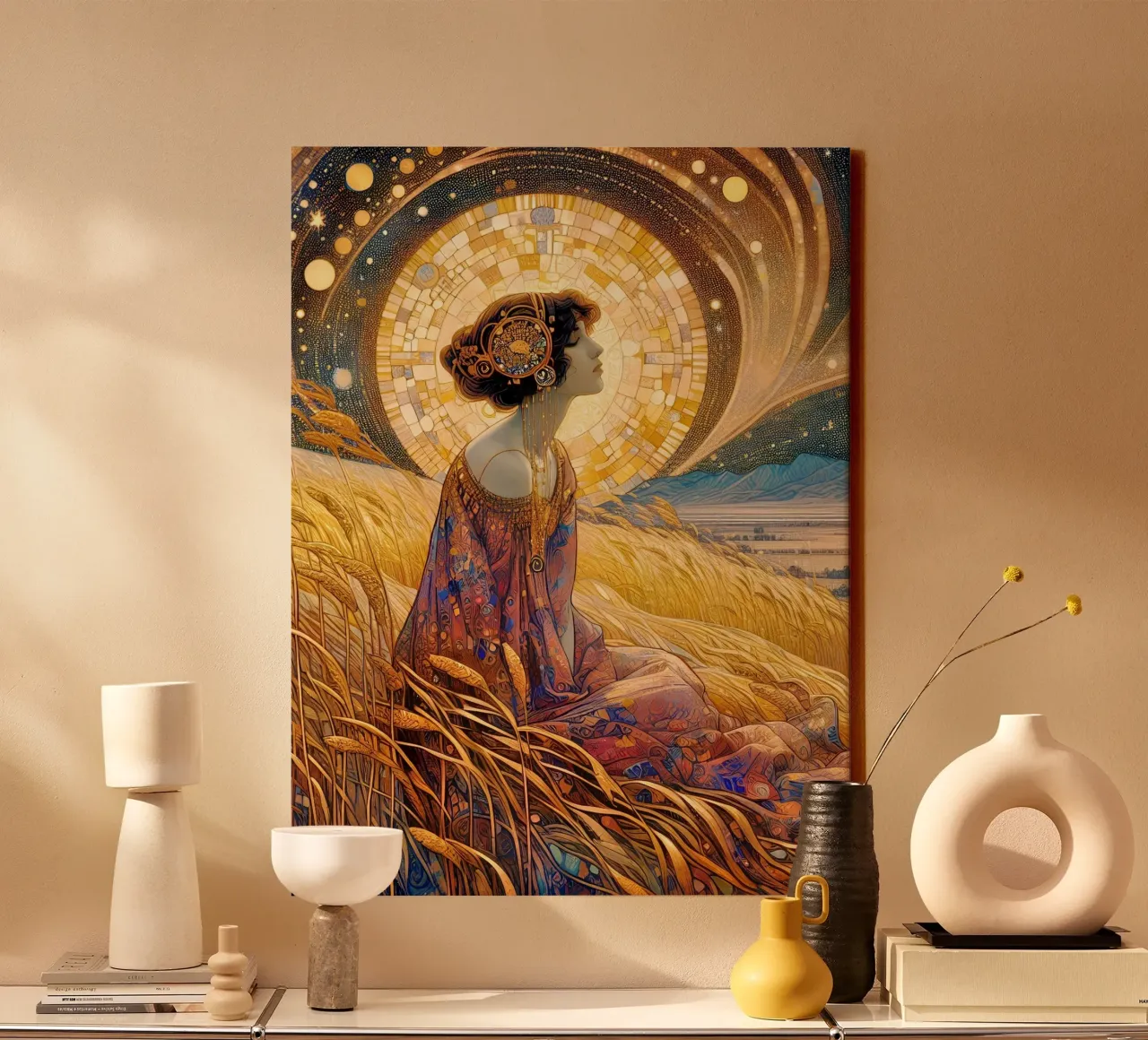 Wheat field at full moon canvas with Floater frame by Art-Nouveau-Dsg