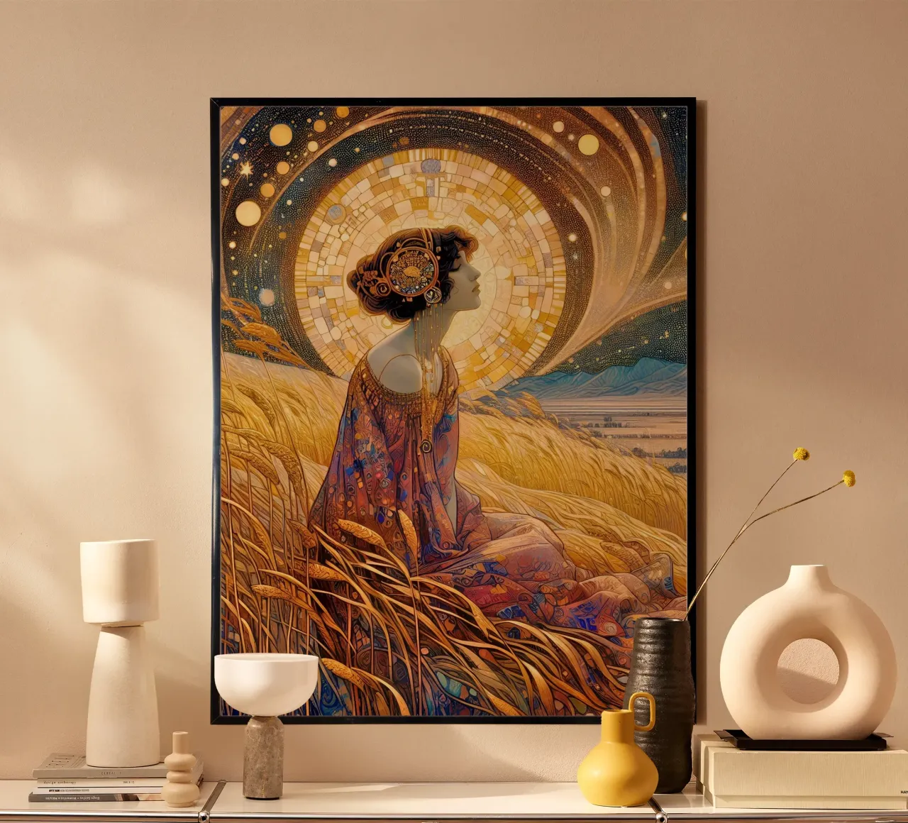 Campo di grano con la luna piena poster con telaio in plastica da Art-Nouveau-Dsg