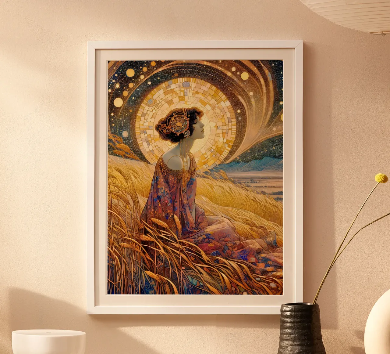 Campo di grano con la luna piena poster con telaio in plastica da Art-Nouveau-Dsg