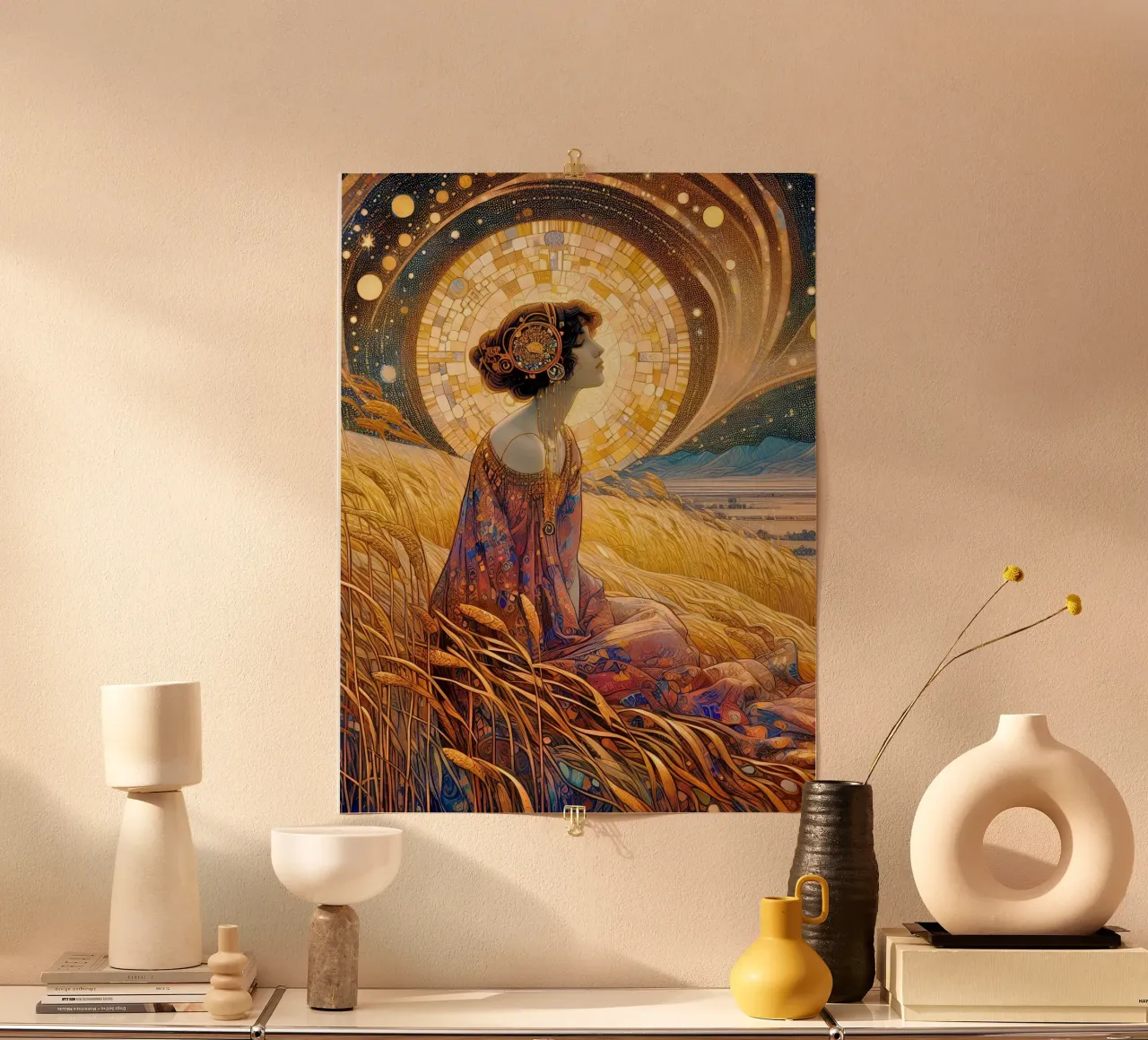 Campo di grano con la luna piena poster con telaio in plastica da Art-Nouveau-Dsg