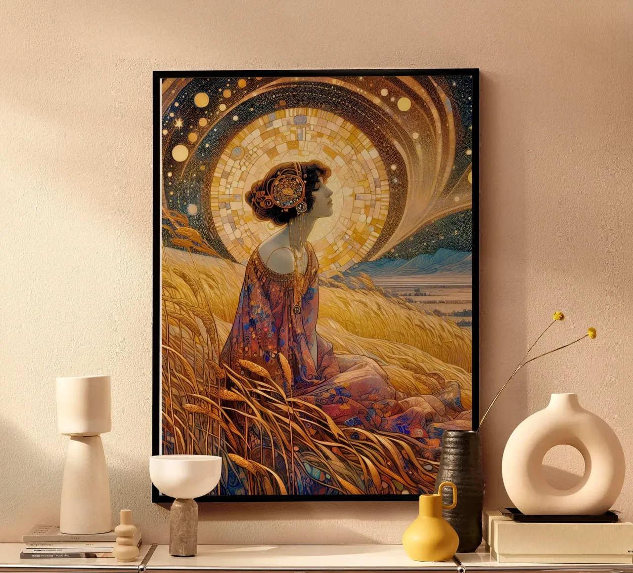 Campo di grano con la luna piena poster con telaio in plastica da Art-Nouveau-Dsg