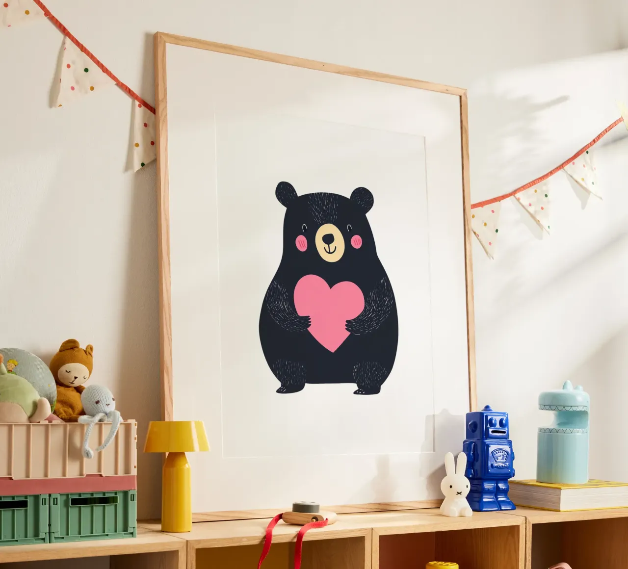 Un simpatico orso con il cuore poster con telaio in legno da HookASmile