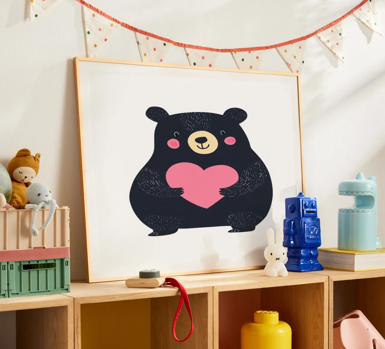 Un simpatico orso con il cuore poster con telaio in legno da HookASmile