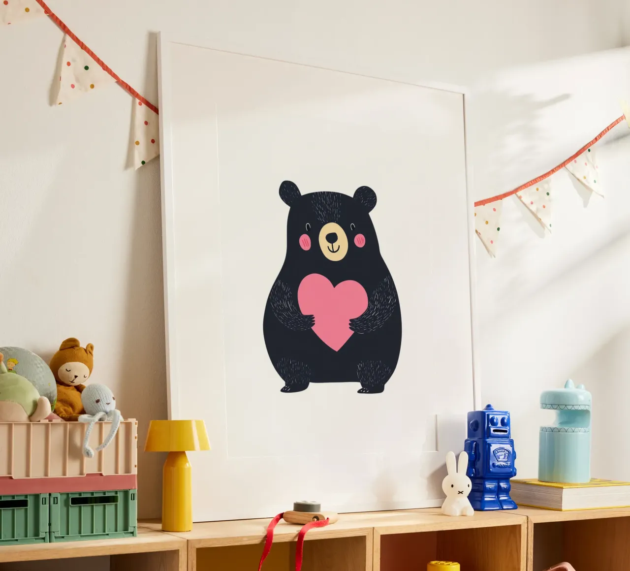 Un simpatico orso con il cuore poster con telaio in legno da HookASmile