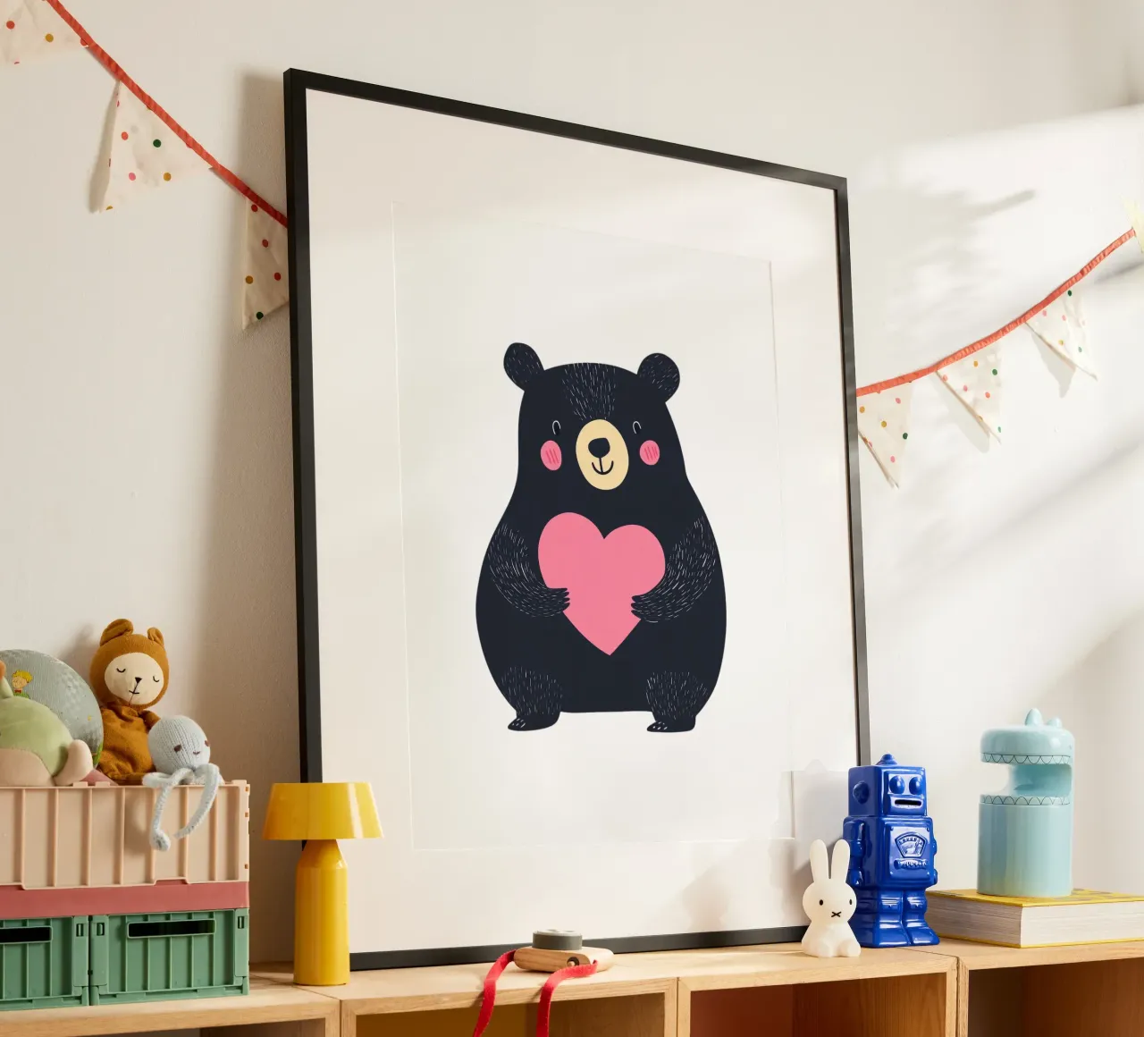 Un simpatico orso con il cuore poster con telaio in legno da HookASmile