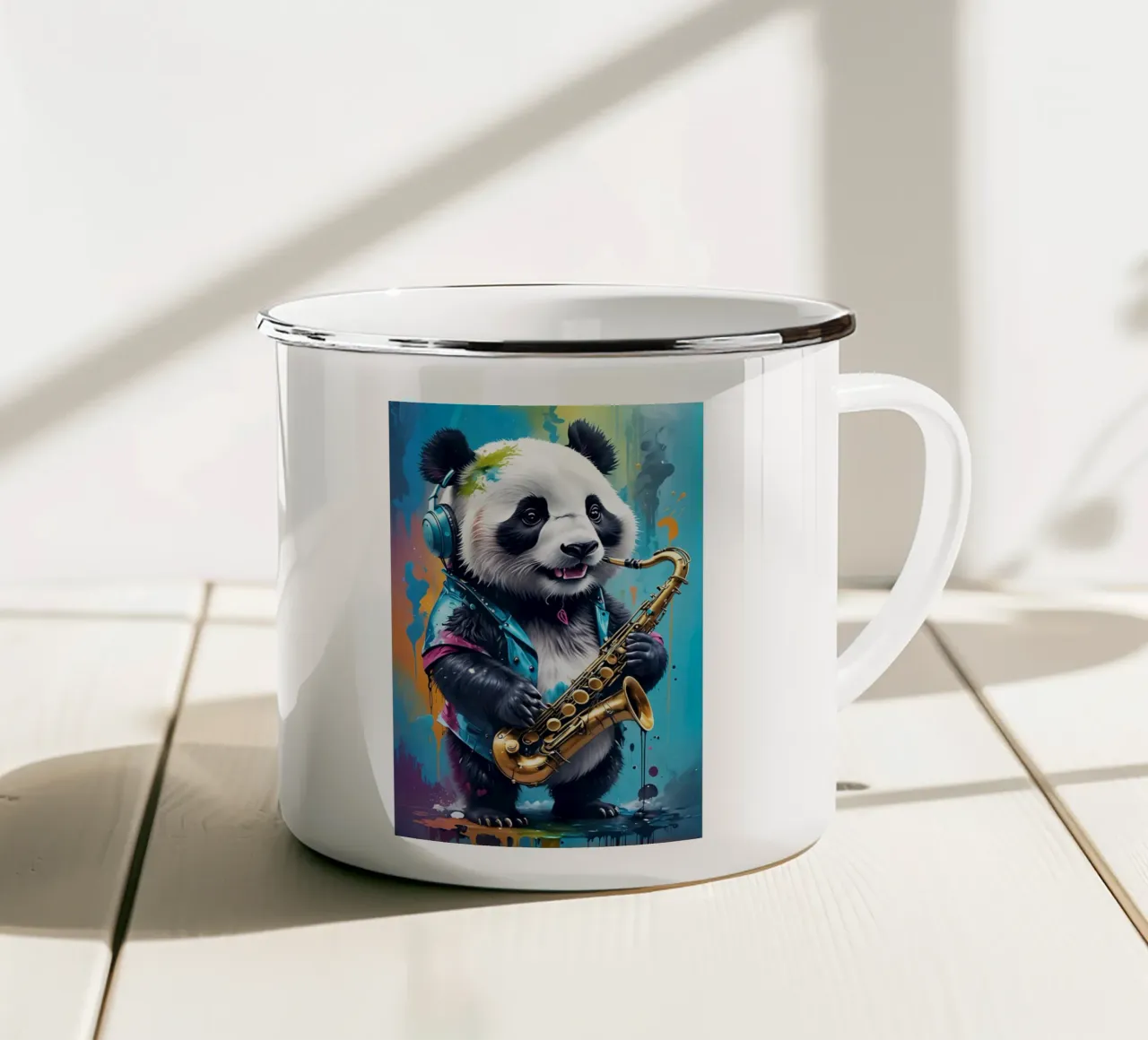 Piccolo panda con sassofono tazza in smalto da MakArena