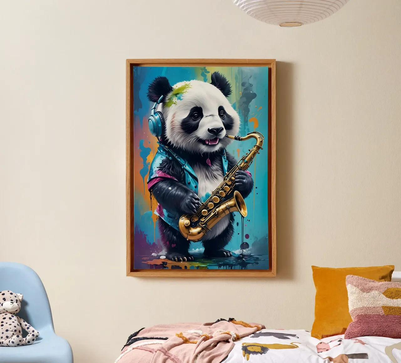 Piccolo panda con sassofono tela con Cornice a cassetta da MakArena