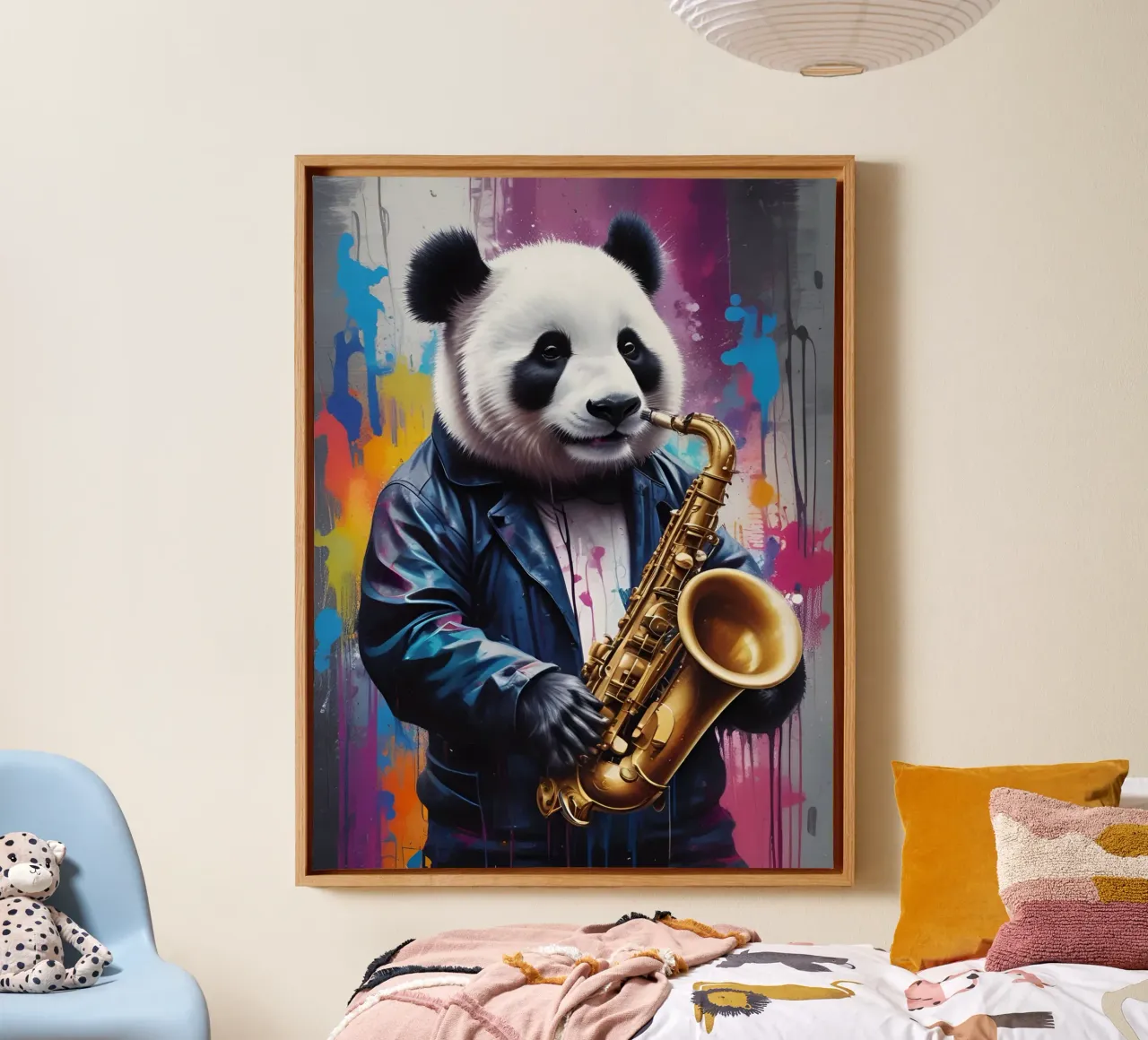 Panda tocando el saxofón lienzo con Marco flotante de MakArena