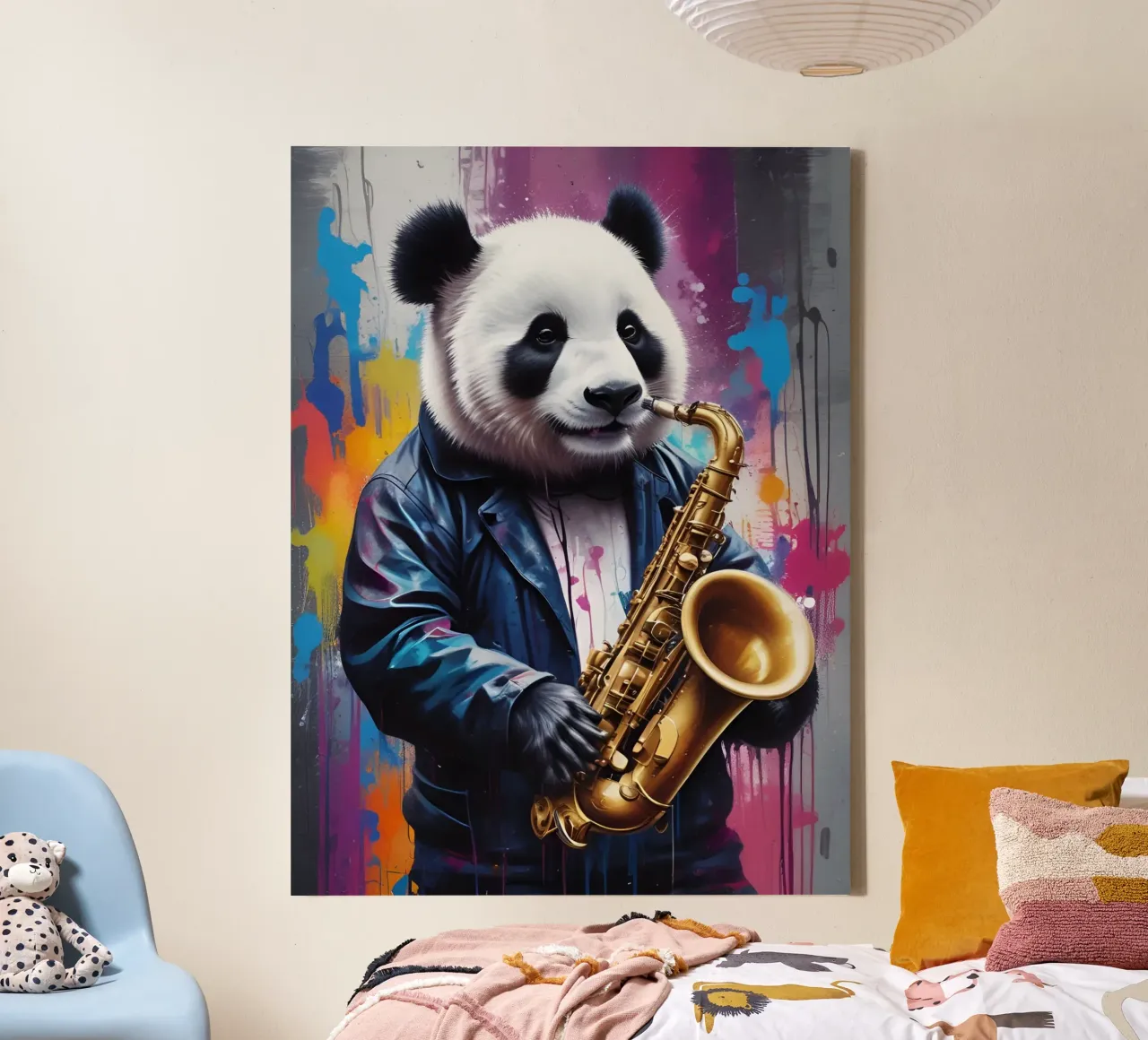 Panda tocando el saxofón lienzo con Marco flotante de MakArena