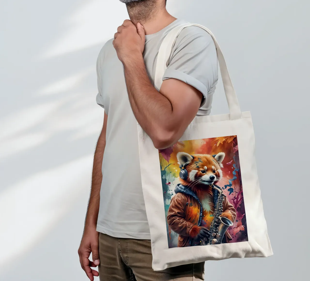 Red panda with saxophone tote bag by MakArena