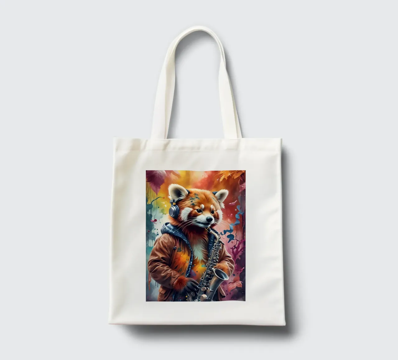 Red panda with saxophone tote bag by MakArena