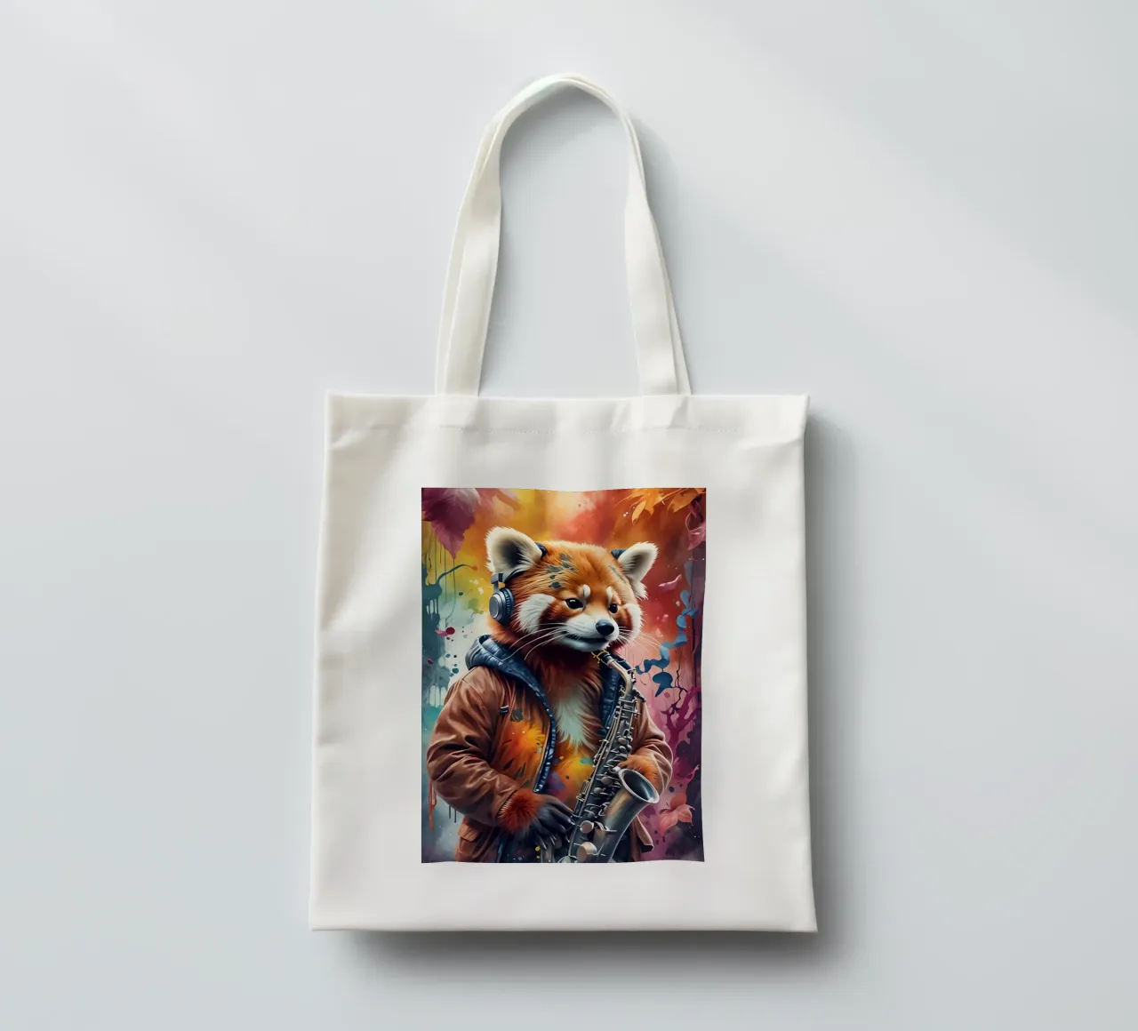Red panda with saxophone tote bag by MakArena