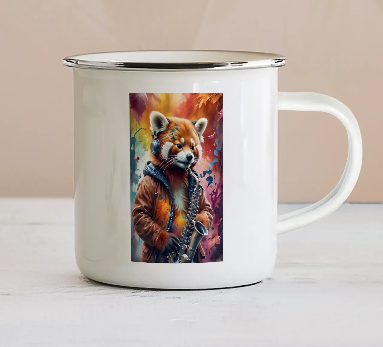 Panda rosso con sassofono tazza in smalto da MakArena