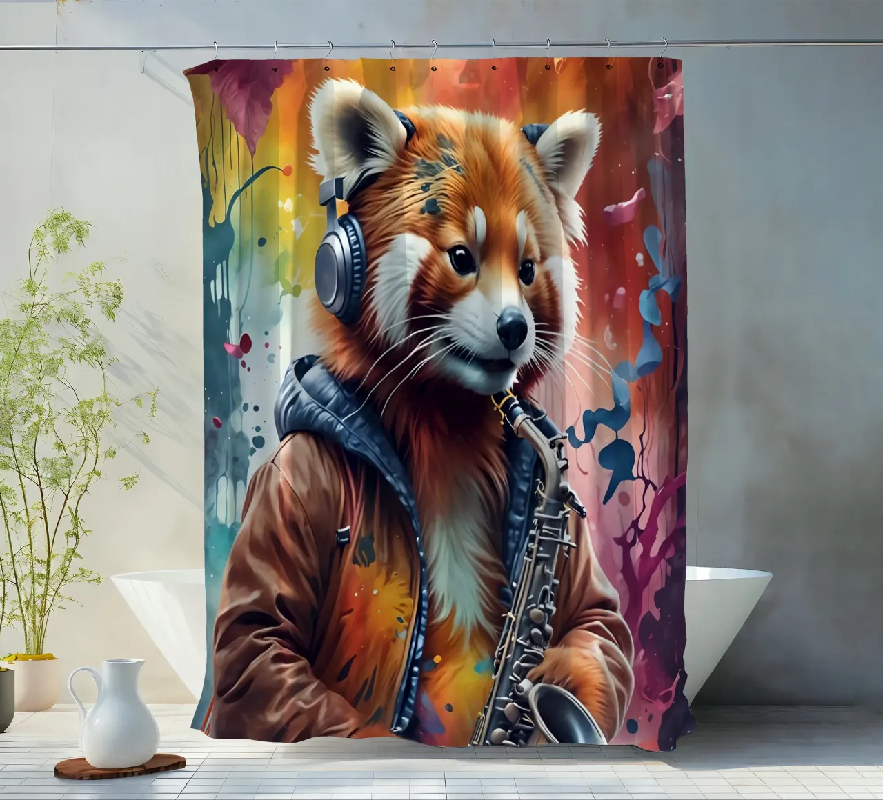 Panda rosso con sassofono tenda da doccia da MakArena