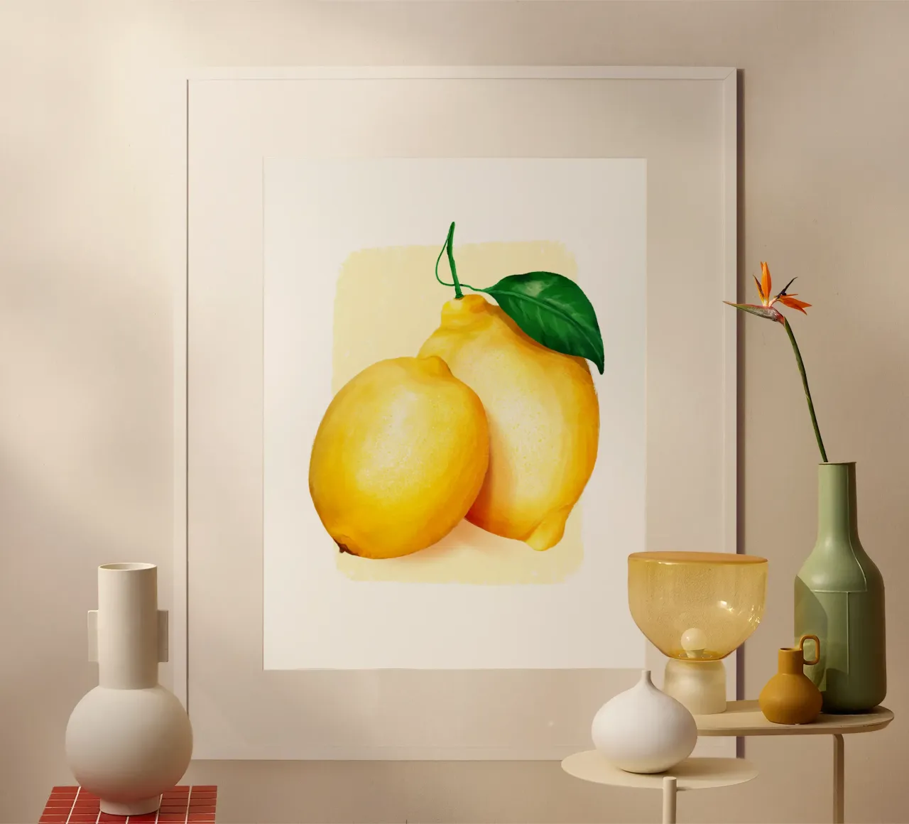 Lemons on a yellow background poster with plastic frame by color&shape