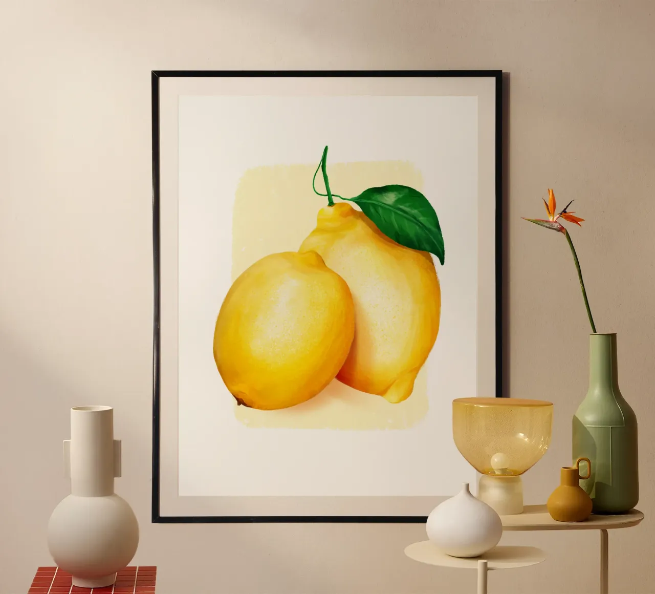 Lemons on a yellow background poster with plastic frame by color&shape