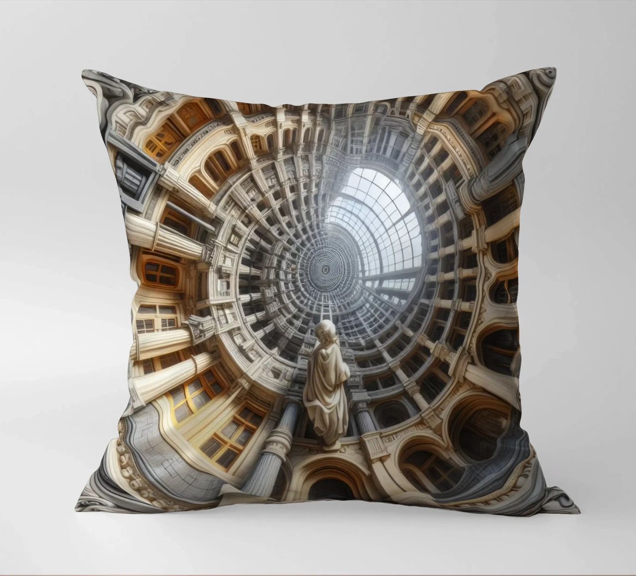 Sphere 061 - Surreal Circular Architecture With Statue cuscino da Spheres