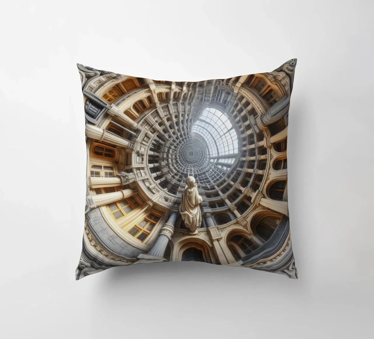Sphere 061 - Surreal Circular Architecture With Statue cuscino da Spheres
