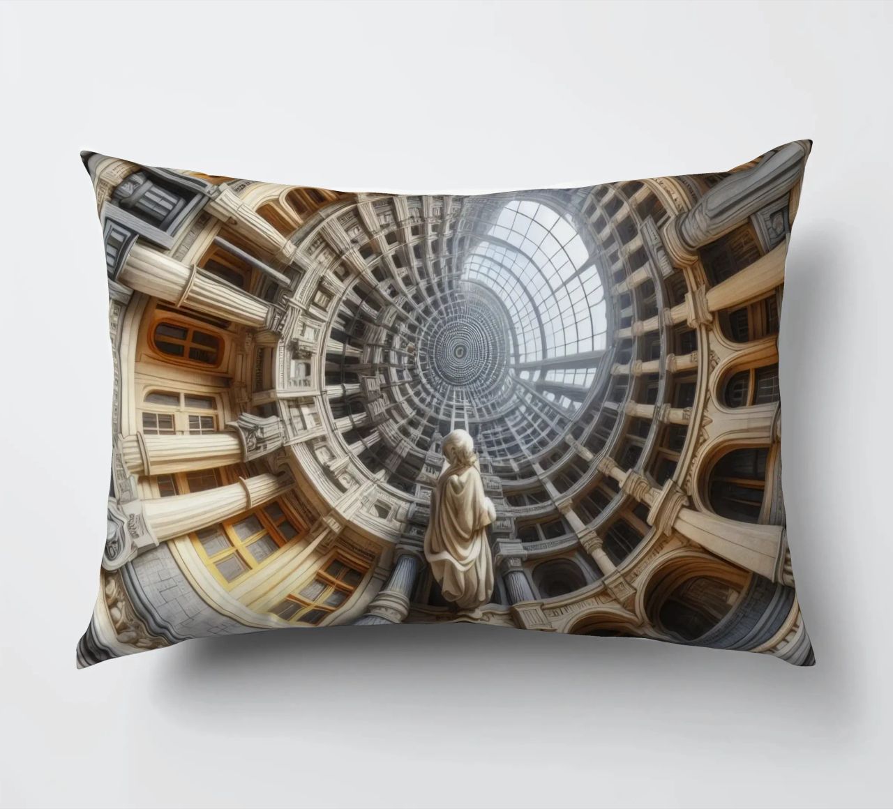 Sphere 061 - Surreal Circular Architecture With Statue cuscino da Spheres