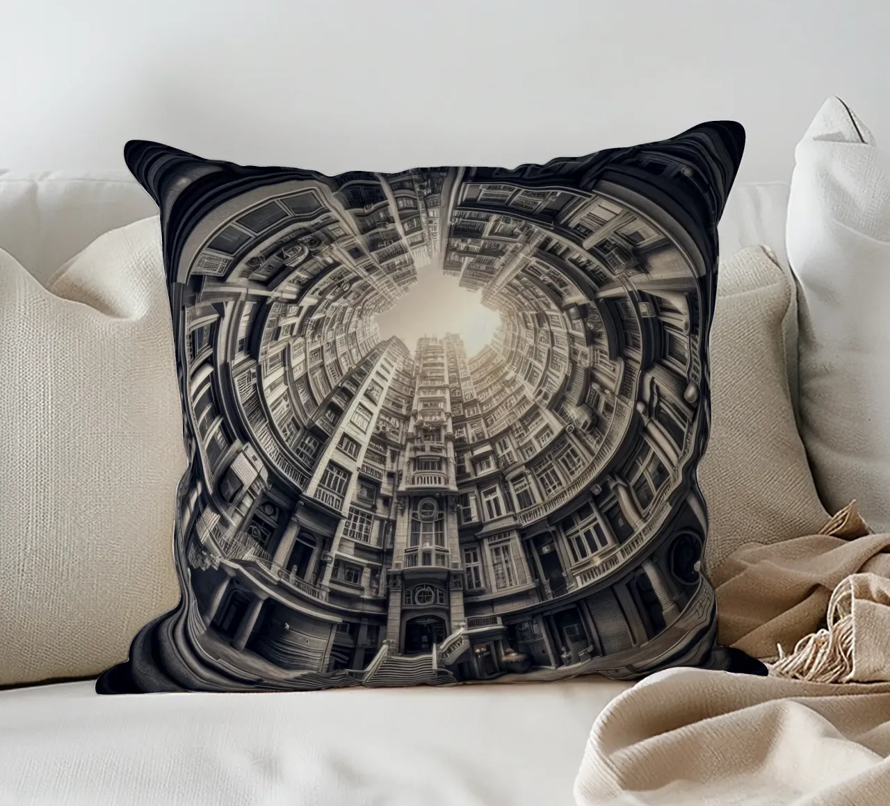 Sphere 062 - Surreal Monochrome Circular Architecture cuscino da Spheres