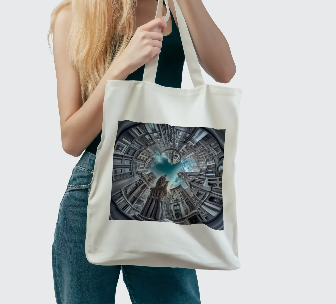 Sphere 063 - Surreal Circular Architecture With Statue borsa in juta da Spheres