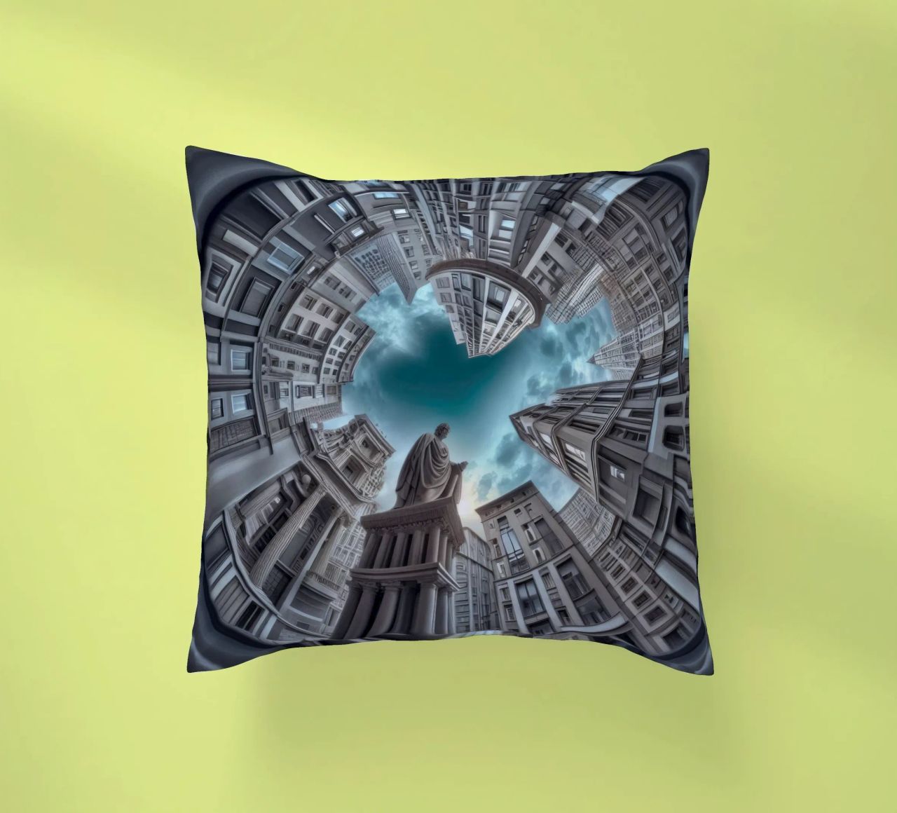 Sphere 063 - Surreal Circular Architecture With Statue cuscino da Spheres
