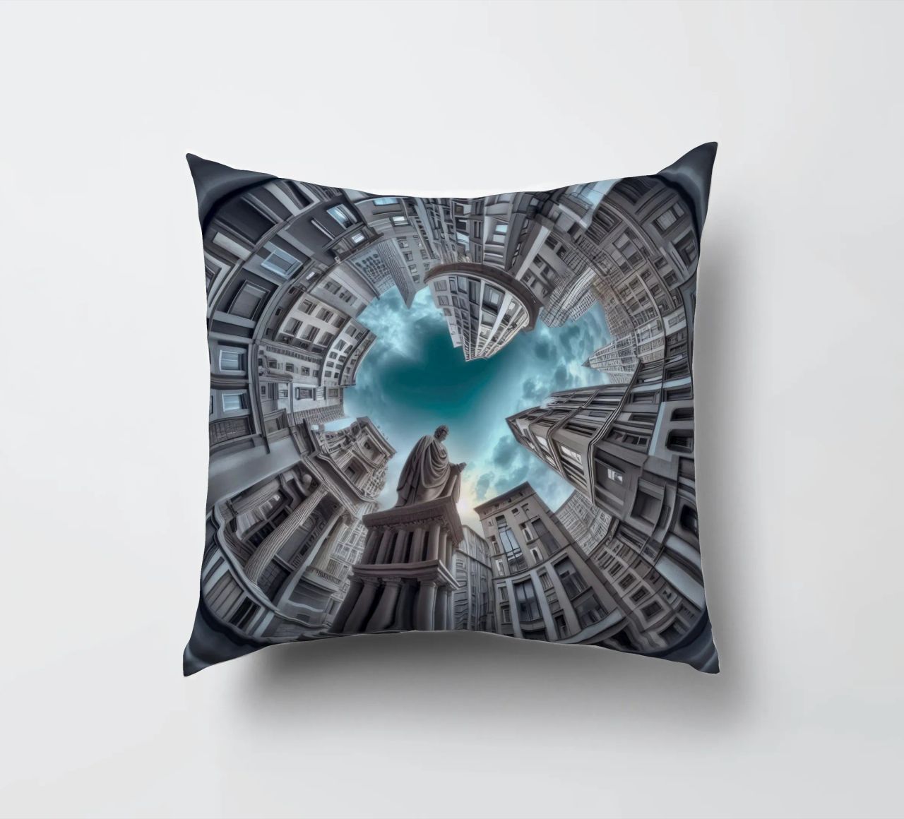 Sphere 063 - Surreal Circular Architecture With Statue cuscino da Spheres