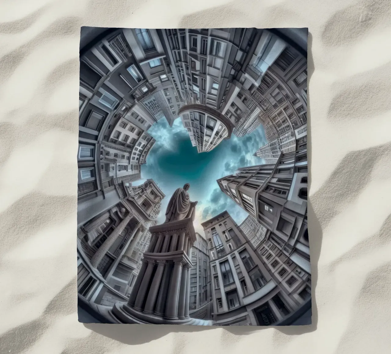 Sphere 063 - Surreal Circular Architecture With Statue Strandtuch von Spheres