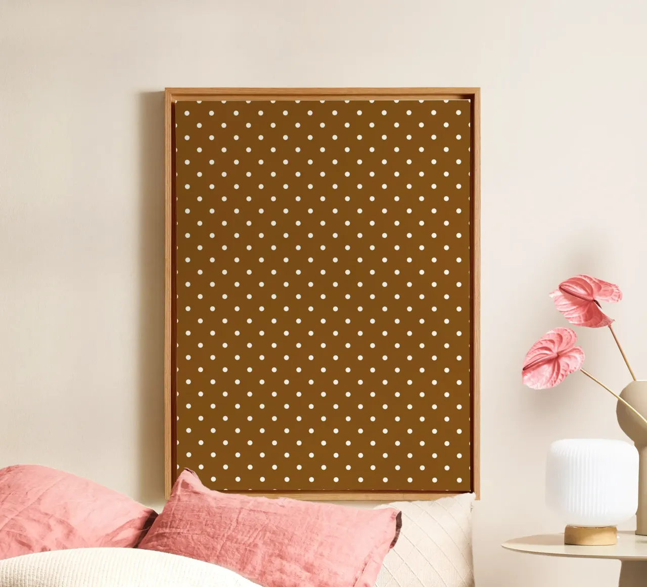 Minimal Classic Polka Dots | Weiß auf Dunkelschokoladenbraun Leinwand mit Schattenfugenrahmen von Beauty in Simplicity