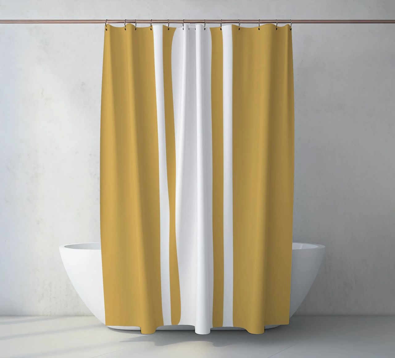 Basic Scandi Centered Stripes 1 | Weiß auf Senfgelb Duschvorhang von Beauty in Simplicity