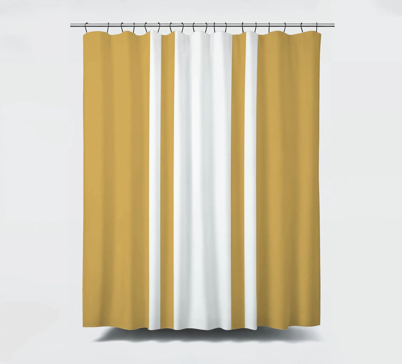 Basic Scandi Centered Stripes 1 | Weiß auf Senfgelb Duschvorhang von Beauty in Simplicity