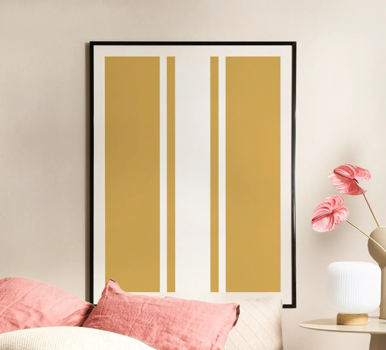 Basic Scandi Centered Stripes 1 | Blanc sur jaune moutarde poster avec cadre en plastique de Beauty in Simplicity