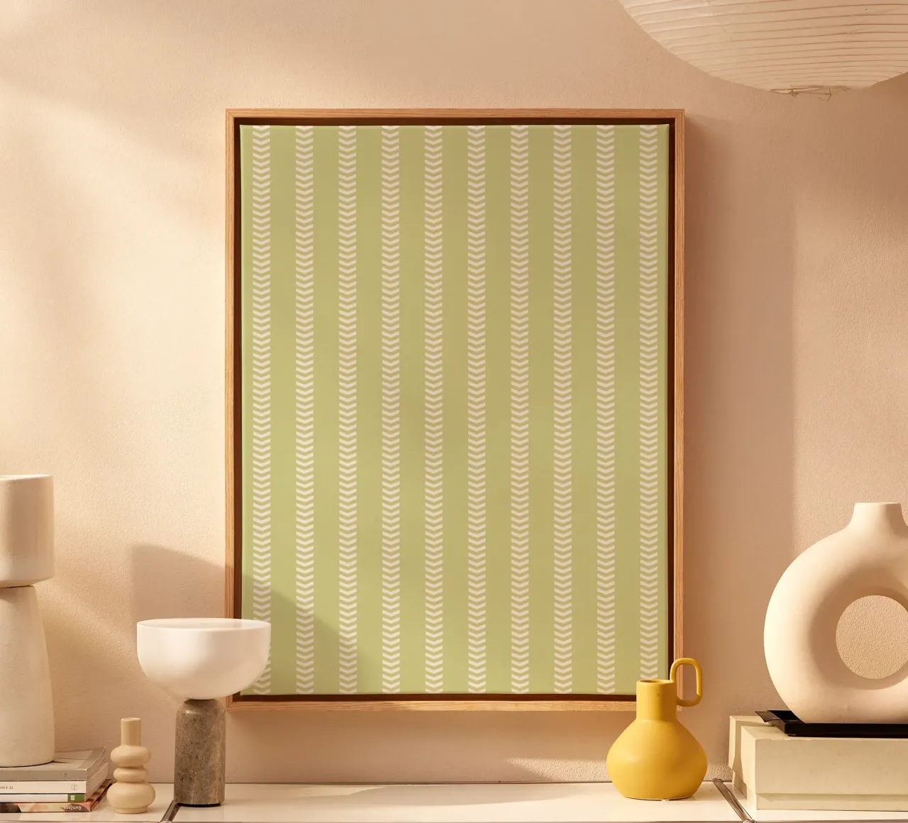 Frecce a strisce Basic Mudcloth | Bianco su verde tenue pastello tela con Cornice a cassetta da Beauty in Simplicity