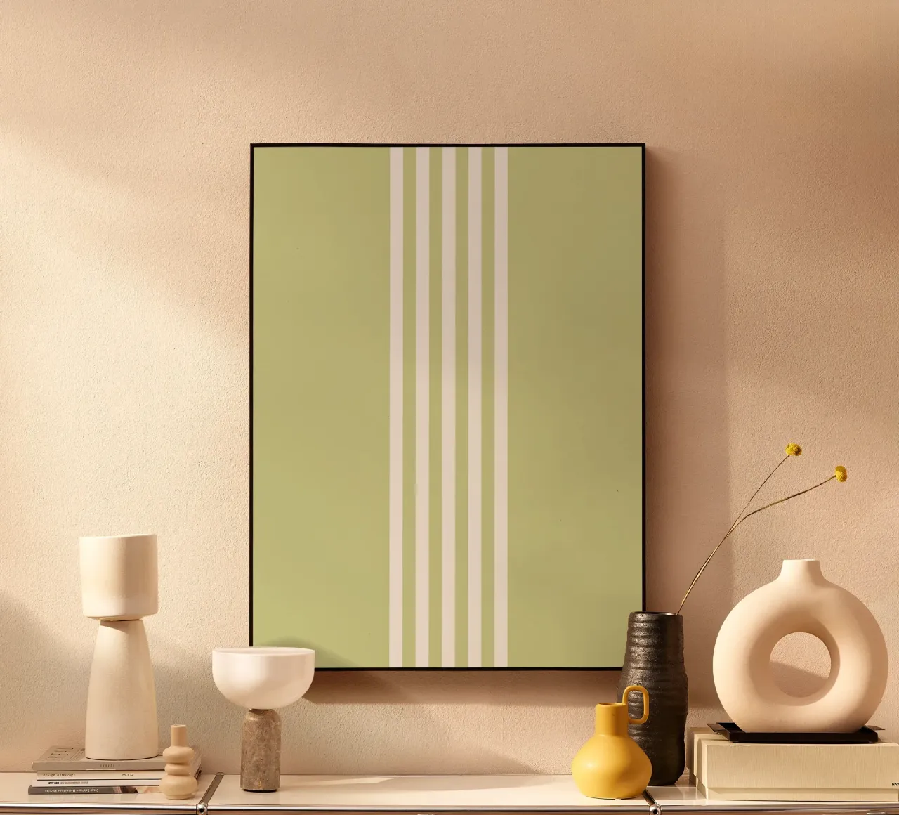 Strisce centrate Basic Scandi Chic 2 | Bianco su verde pastello alluminio dibond da Beauty in Simplicity