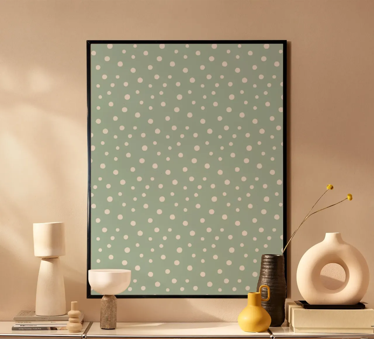 Basic Chic Hand gezeichnete Polka Dots | Weiß auf Soft Blue Green Poster mit Kunststoffrahmen von Beauty in Simplicity