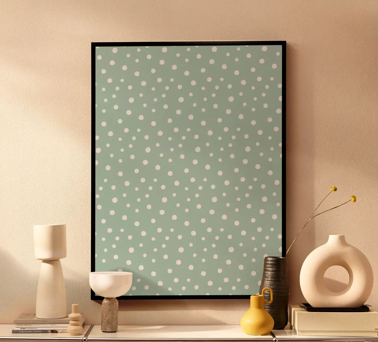 Basic Chic Hand gezeichnete Polka Dots | Weiß auf Soft Blue Green Poster mit Kunststoffrahmen von Beauty in Simplicity