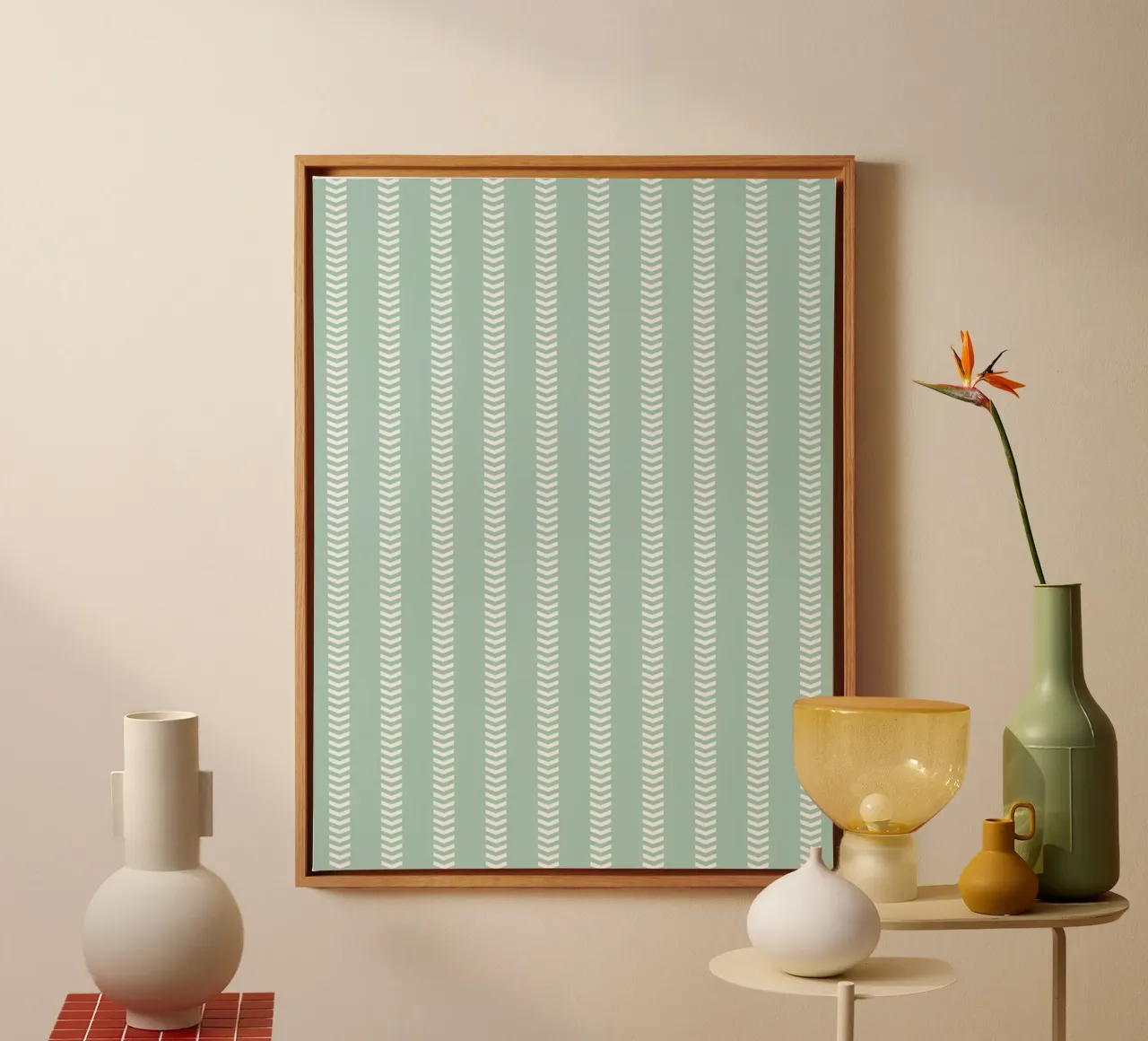 Frecce a strisce in tela di fango Basic Mudcloth | Bianco su blu pastello Gree tela con Cornice a cassetta da Beauty in Simplicity