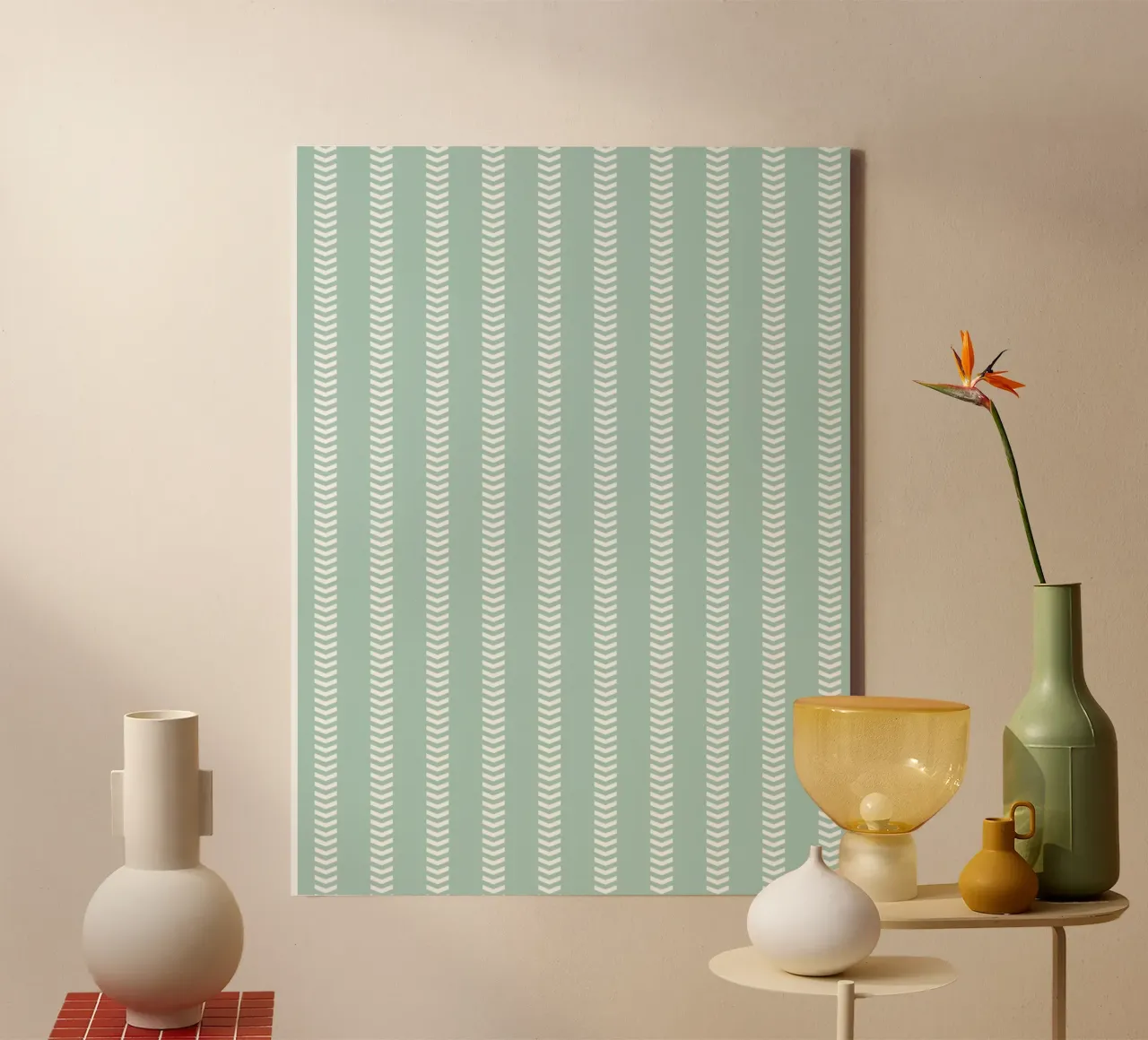 Frecce a strisce in tela di fango Basic Mudcloth | Bianco su blu pastello Gree tela con Cornice a cassetta da Beauty in Simplicity