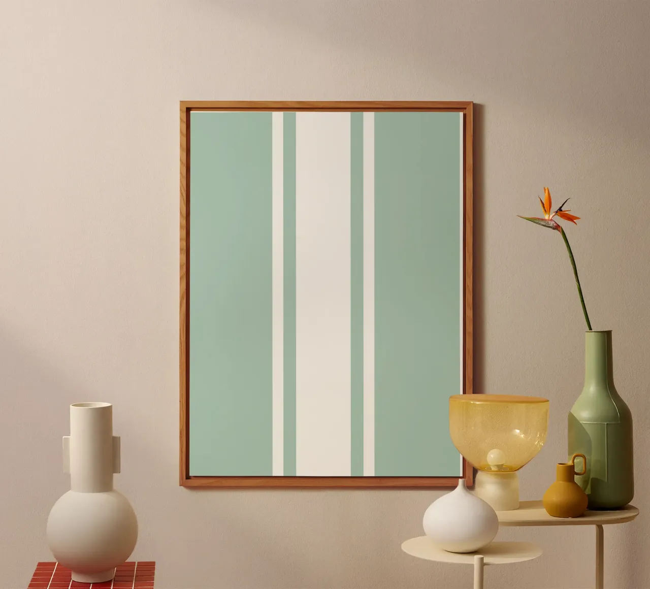 Strisce centrate Basic Scandi 1 | Bianco su blu morbido verde alluminio dibond da Beauty in Simplicity