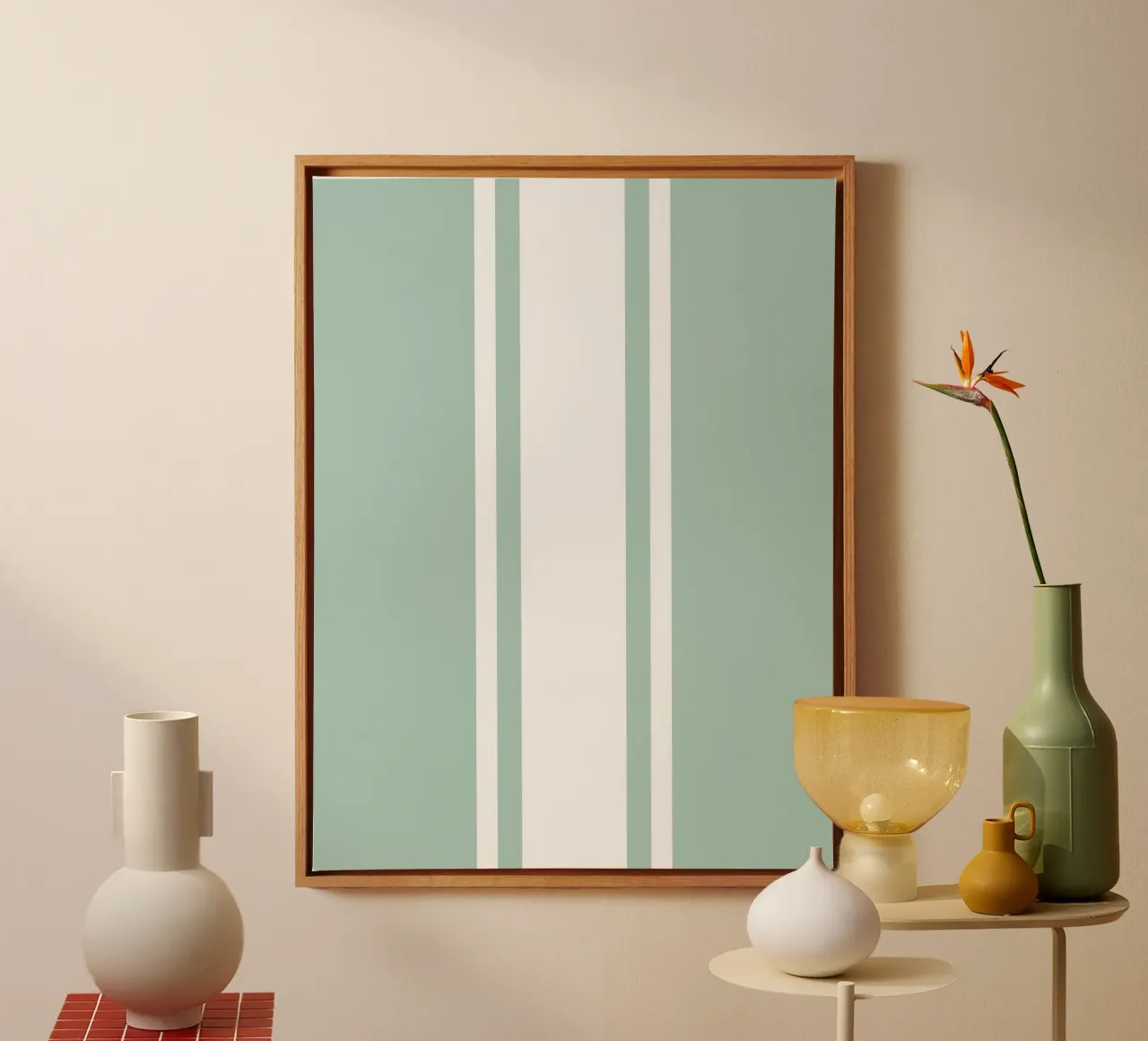 Basis Scandi Centered Stripes 1 | Wit op Zacht Blauw Groen canvas van Beauty in Simplicity