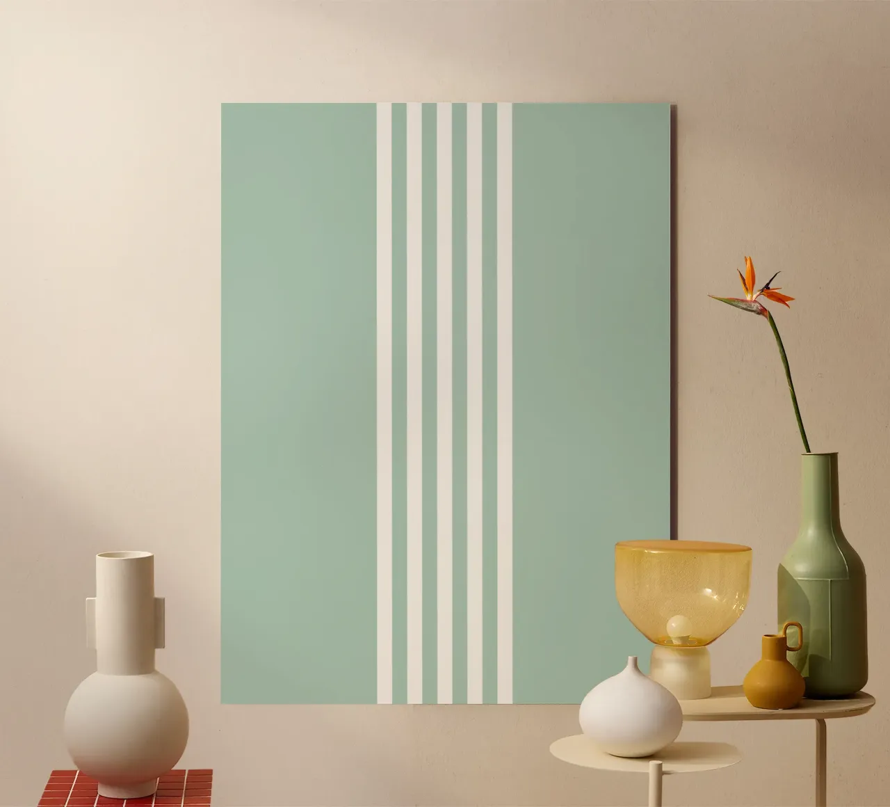 Strisce centrate Basic Scandi 2 | Bianco su blu morbido verde alluminio dibond da Beauty in Simplicity