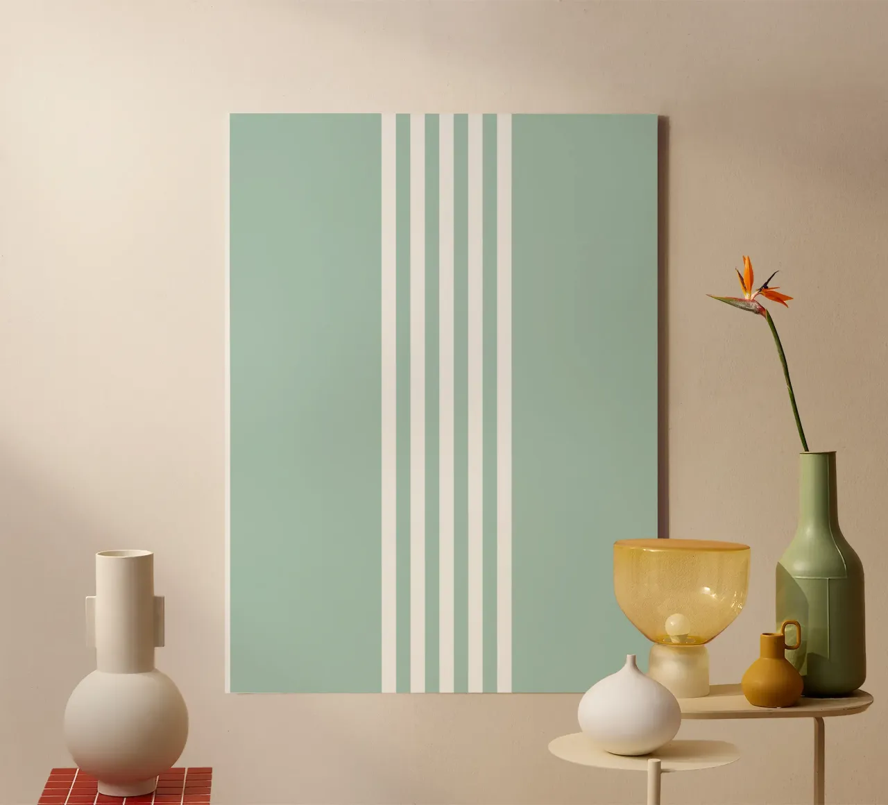Basis Scandi Centered Stripes 2 | Wit op Zacht Blauw Groen canvas van Beauty in Simplicity