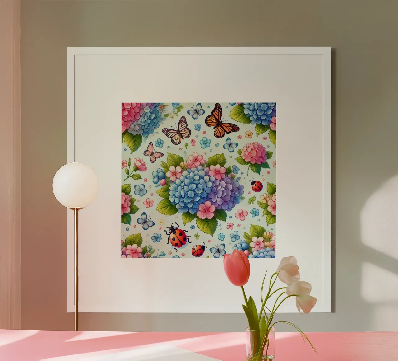 Armonia di ortensie poster con telaio in legno da Organic Aesthetics