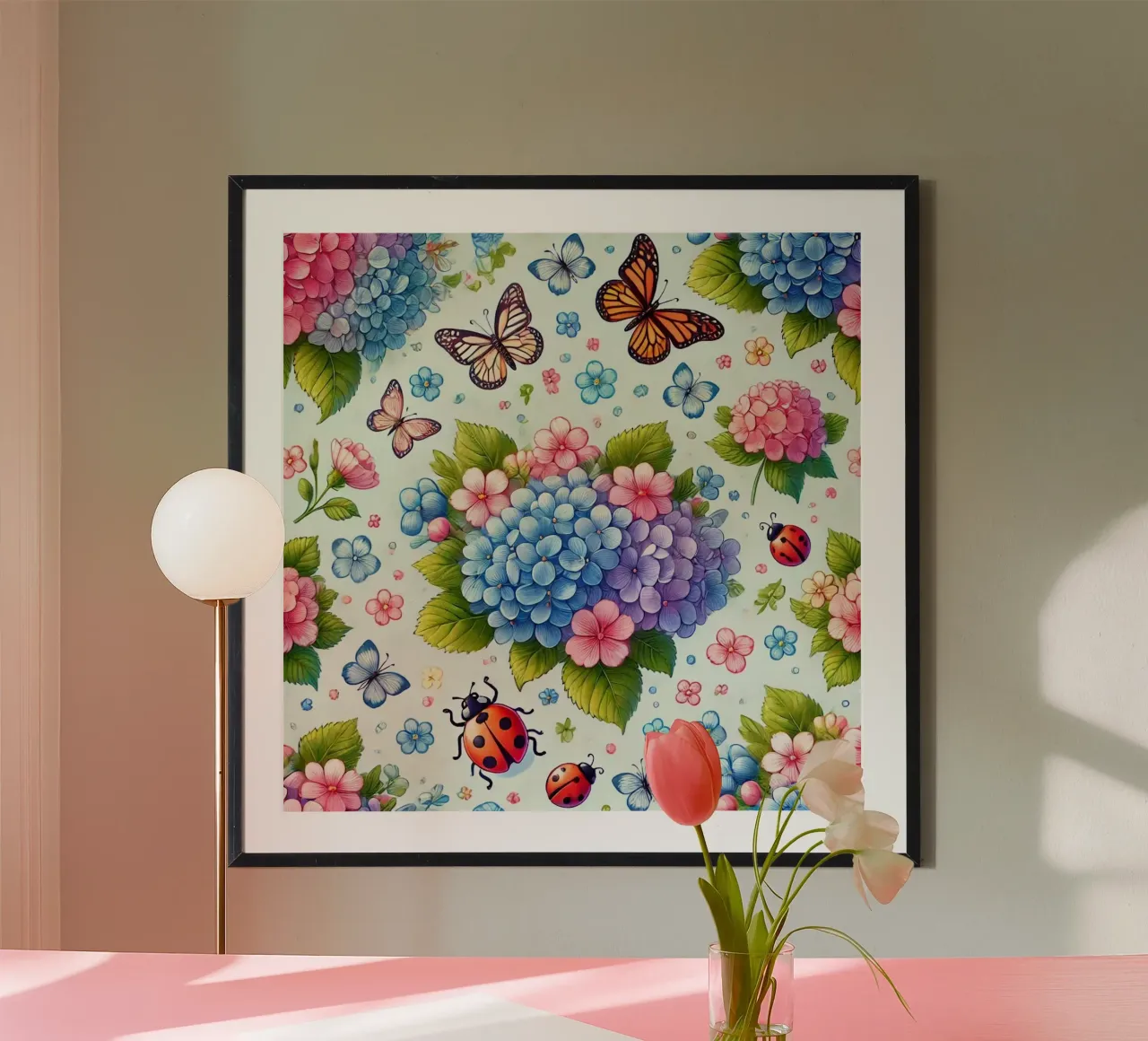 Armonia di ortensie poster con telaio in legno da Organic Aesthetics